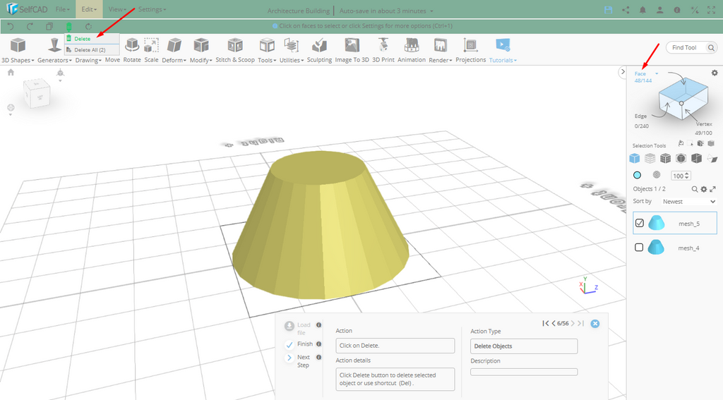 Face selection in SelfCAD