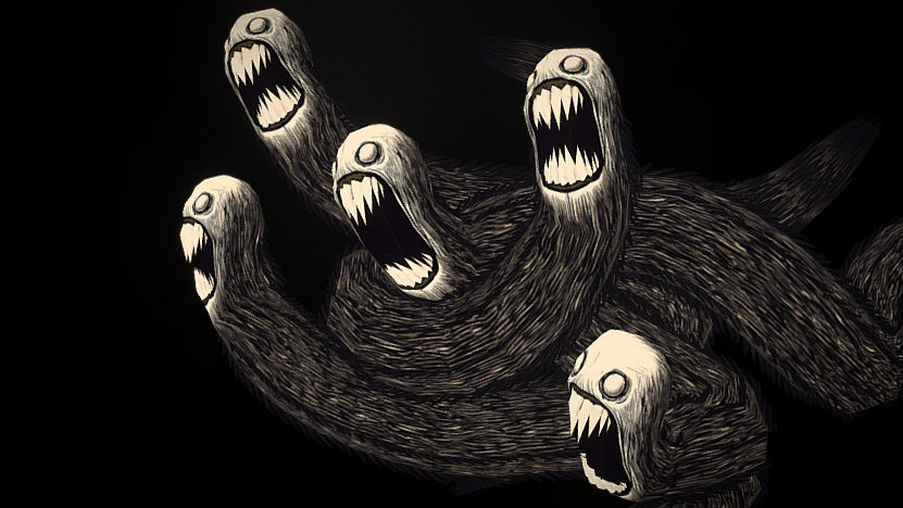 Dark 3D-printed monster eels with sharp teeth and open mouths.