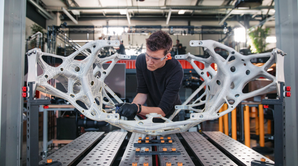 An engineer carefully examining a large, complex, AI-optimized 3D printed white structural frame in an industrial workshop