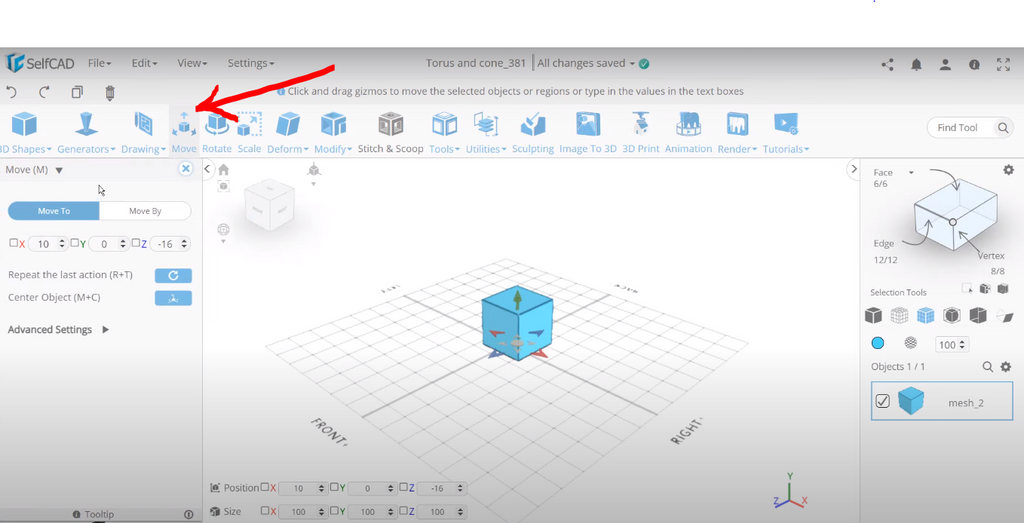 Moving 3D objects in SelfCAD