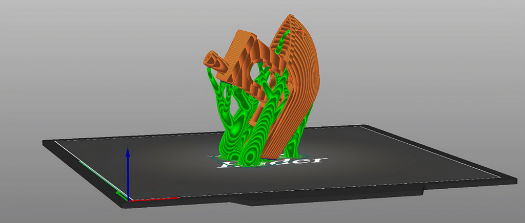 The PrusaSlicer interface displaying its famous, material-saving green organic supports on an orange 3D model.
