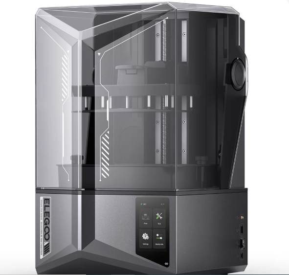 The Elegoo Mars 5 Ultra high-resolution resin 3D printer displaying its dark tinted UV cover and vertical front-facing digital interface.
