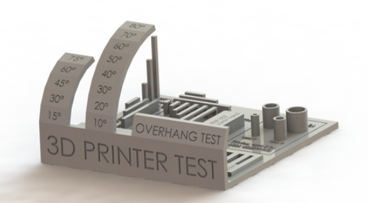 Grey 3D printer test model evaluating overhang limits, bridging capabilities, and specific behaviors for materials like PLA, PETG, ABS, and TPU
