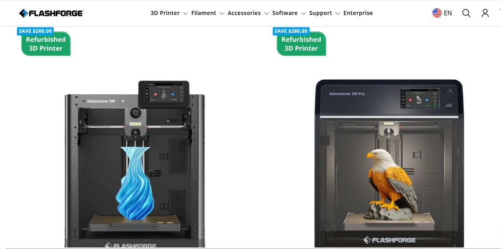 The FlashForge Official Refurbished Store website highlighting discounted Adventurer 5M series 3D printers. 