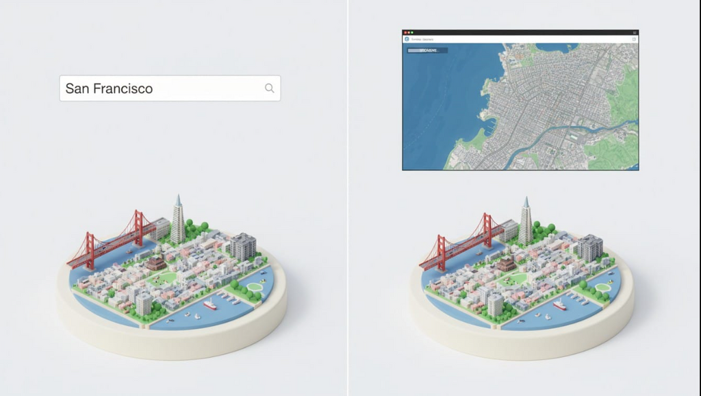 The 3D Map Maker interface showing the generation of a printable 3D diorama of San Francisco from a 2D map.  