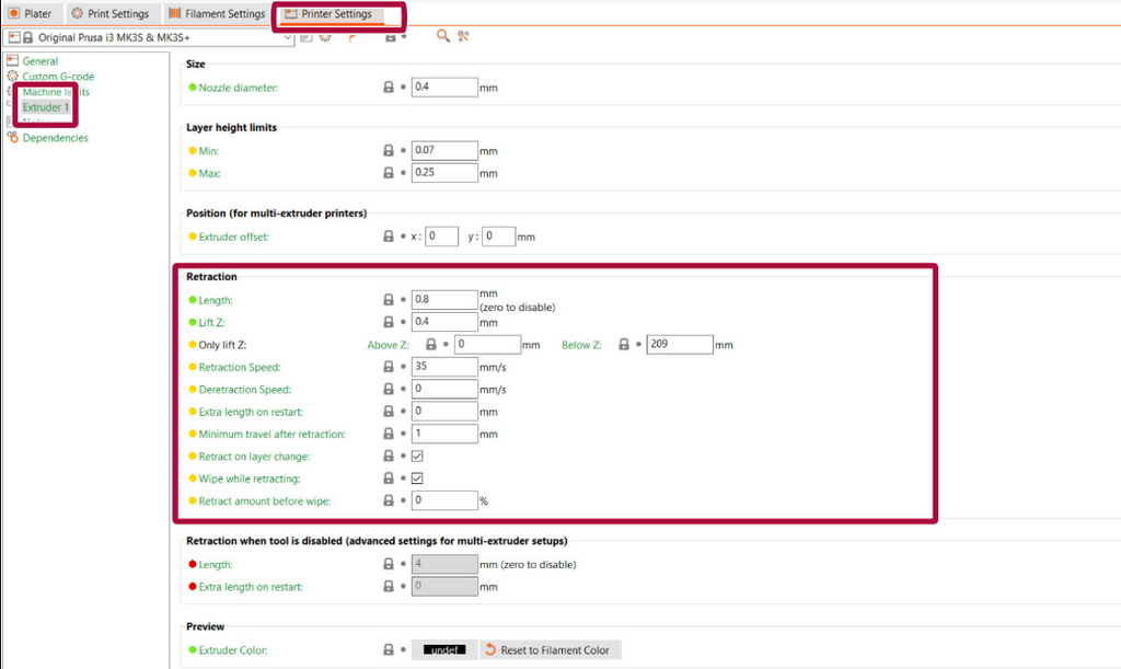 3D printer settings