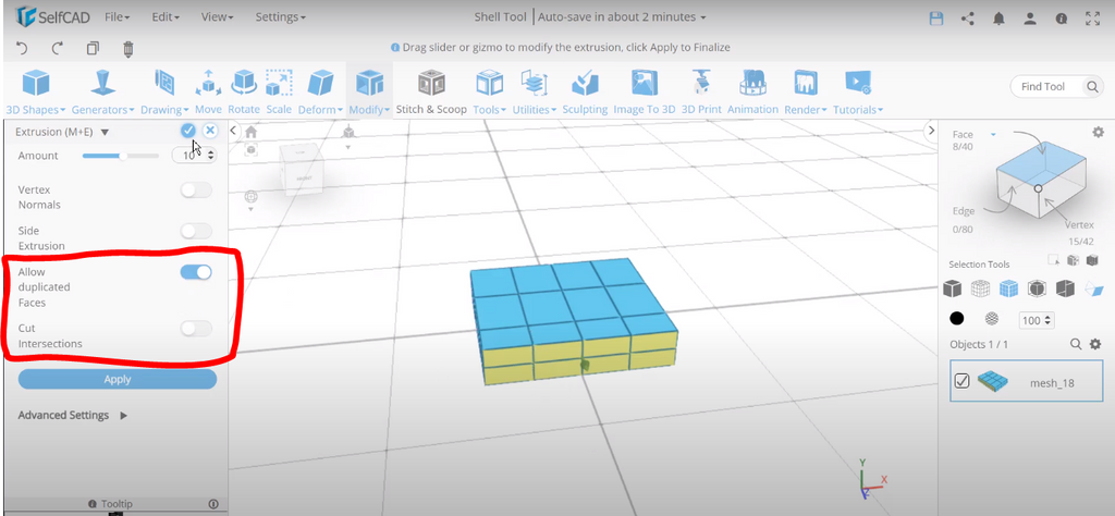 Duplicating faces of a 3D model in SelfCAD