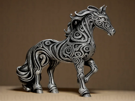 A metallic 3D-printed designer horse sculpture covered in intricate swirl patterns.  