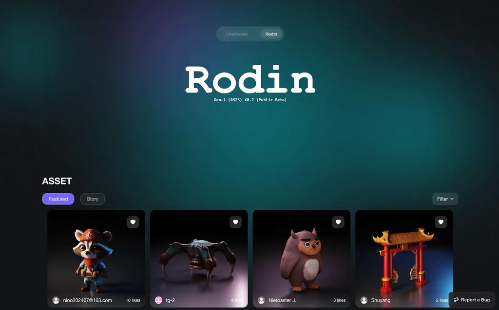The Rodin AI dashboard displaying a gallery of featured 3D assets, including a raccoon and an owl.  