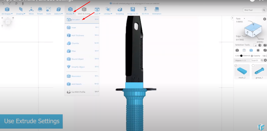 Extrusion tool in SelfCAD
