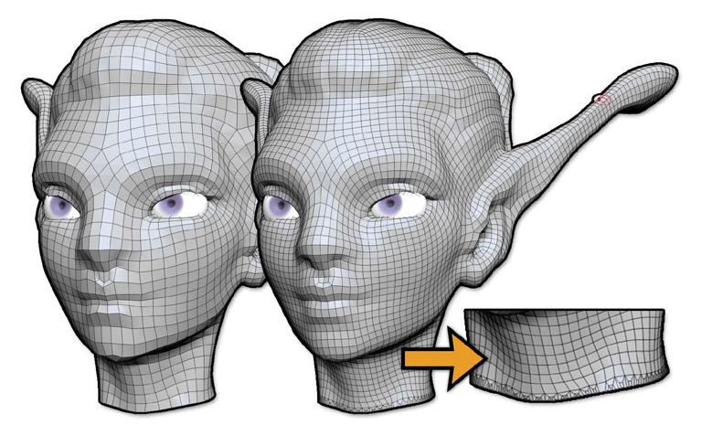 ZBrush ZRemesher showing clean quad edge loops on a character face and neck sculpt