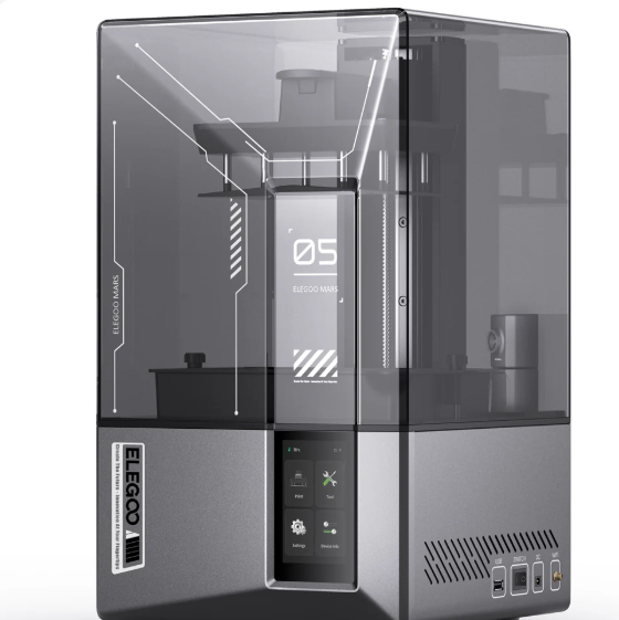 The Elegoo Saturn 4 Ultra premium resin 3D printer featuring a sleek black and grey geometric design with a front touchscreen display.