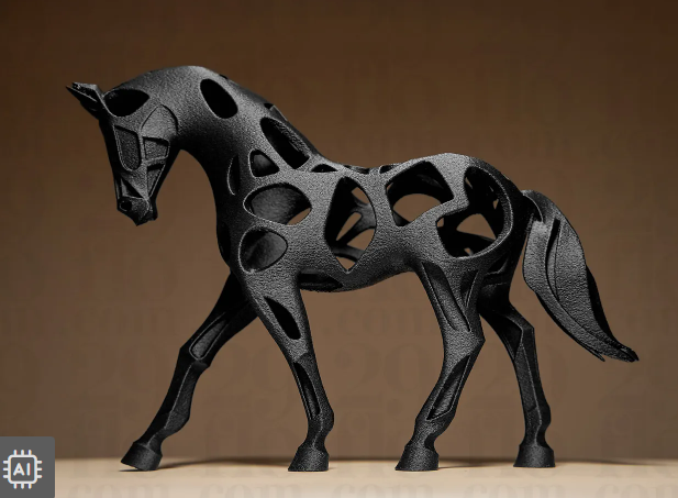 A black 3D-printed hollow horse sculpture featuring artistic, organic cutout patterns.  
