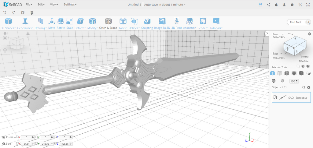 3D modeling Sword Art in SelfCAD