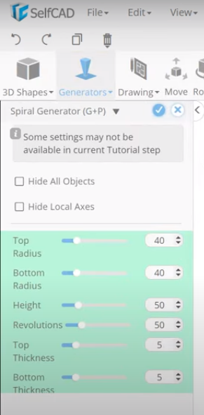 Parameters for Spiral generator