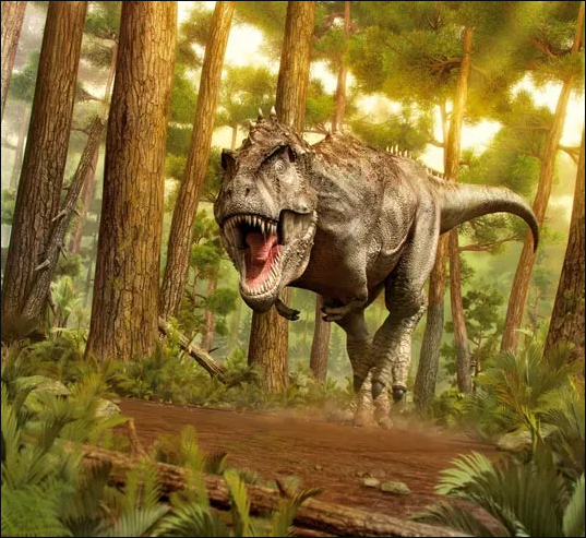 A highly realistic Tyrannosaurus Rex roaring in a dense prehistoric jungle from Jurassic World