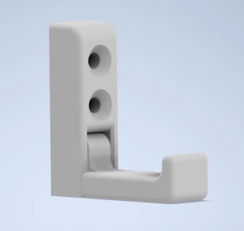 A sleek, grey 3D printed foldable wall hook in the upright, folded position, featuring two countersunk screw holes for easy mounting.