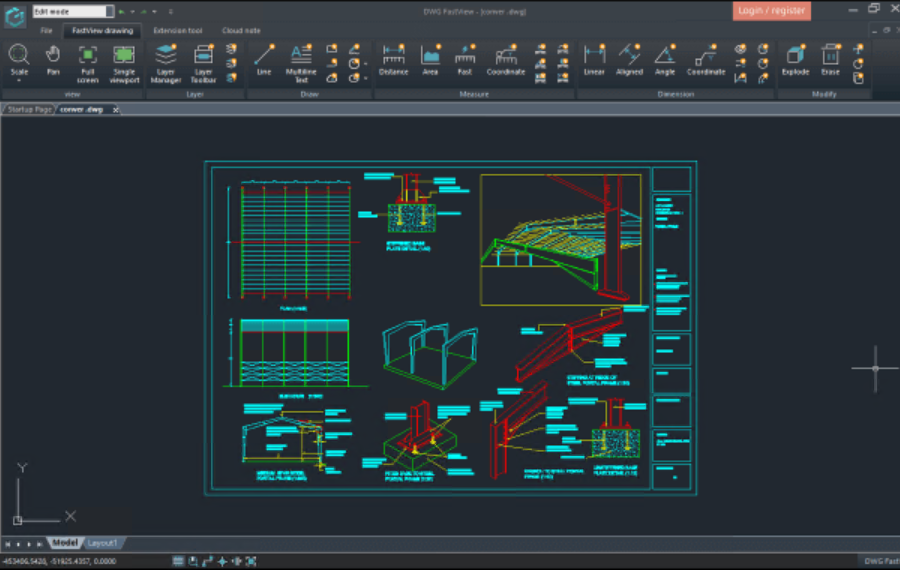 DWG FastView interface highlighting a technical 2D architectural layout with blue background and multi-device access options.