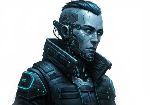 Concept artwork of a futuristic cyberpunk cyborg character with cybernetic facial implants and blue glowing accents.