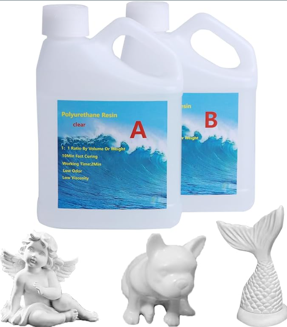 Two white jugs of Polyurethane Resin, labeled A and B, displayed above three white 3D-printed figures: an angel, a dog, and a mermaid tail.