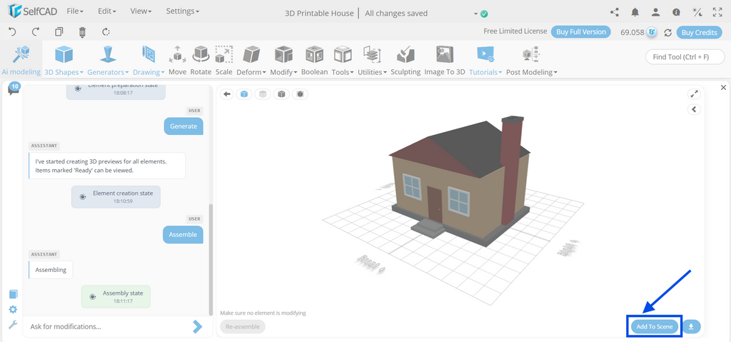 SelfCAD AI Assistant panel highlighting the Preview Assembly button