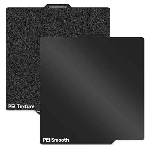 Two square PEI 3D printer build plates, showcasing both textured and smooth surfaces.  