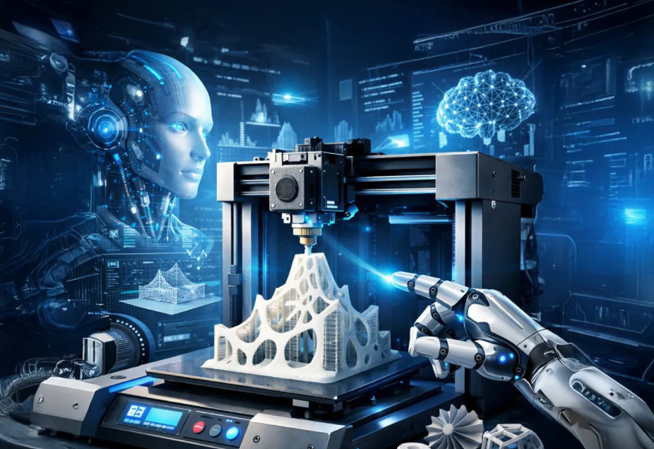 Futuristic AI robot and robotic hand operating a 3D printer building a white lattice model
