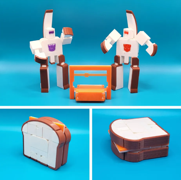 creative 3D print showing two robotic figures that transform into a brown and white ham and cheese sandwich.