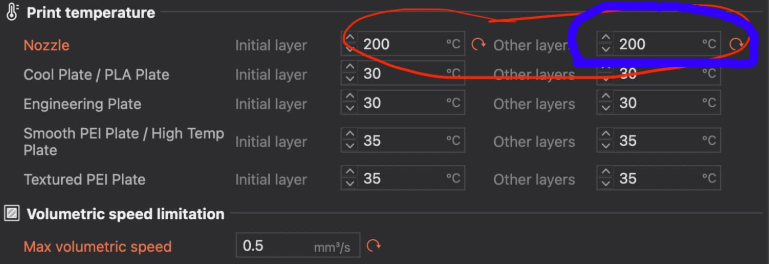 3D slicer software interface highlighting the optimal print temperature for the nozzle at 200 degrees when printing with TPU filament.