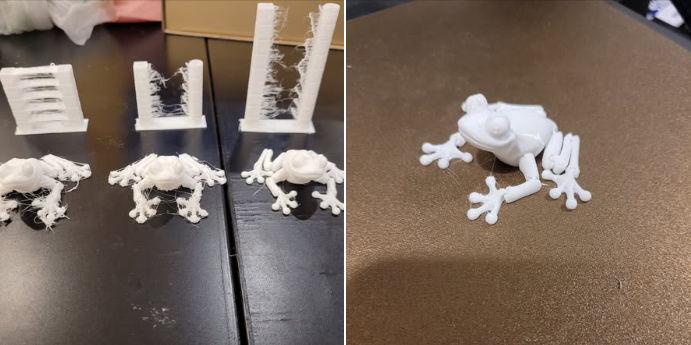 Comparison of 3D printed TPU frogs and stringing test towers demonstrating the effects of correct and incorrect temperature settings.