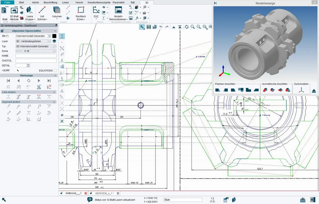 M4 PERSONAL software showing a split-screen view with a 3D model of a mechanical part and its corresponding 2D technical schematics.