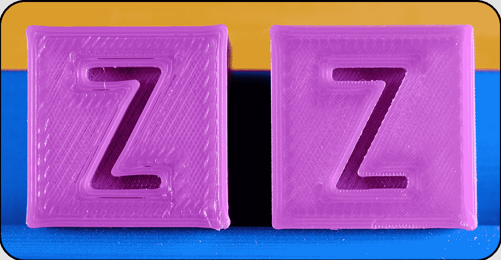 Comparison of two purple 3D printed blocks, showing a standard rough top layer next to a smooth, refined surface achieved with the Cura ironing feature