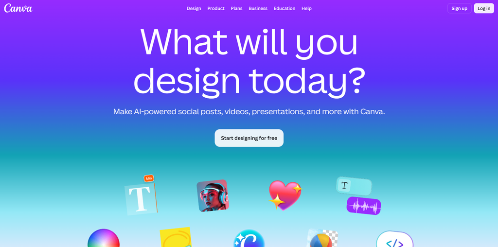 Canva's vibrant AI-powered design platform homepage, highlighting tools for creating logos, social media posts, and versatile brand kits