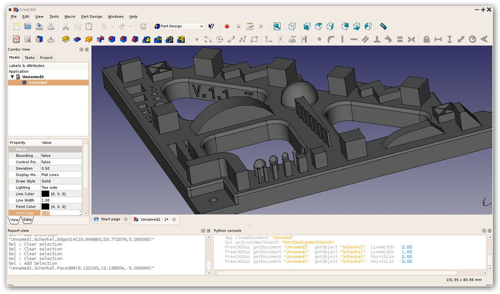 FreeCAD's parametric modeling environment showing a complex 3D part with various holes and geometric features.