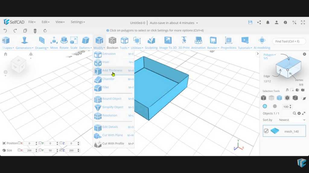 SelfCAD interface showing the modify dropdown menu with the Add Thickness tool selected.