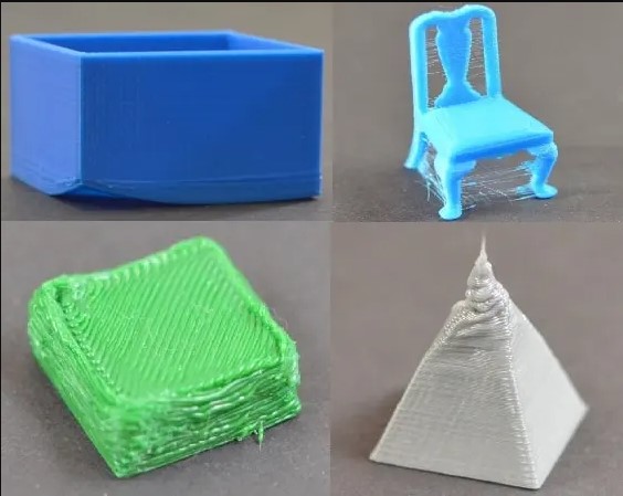 A collage of four small, failed 3D prints illustrating the physical effects of heat creep.  