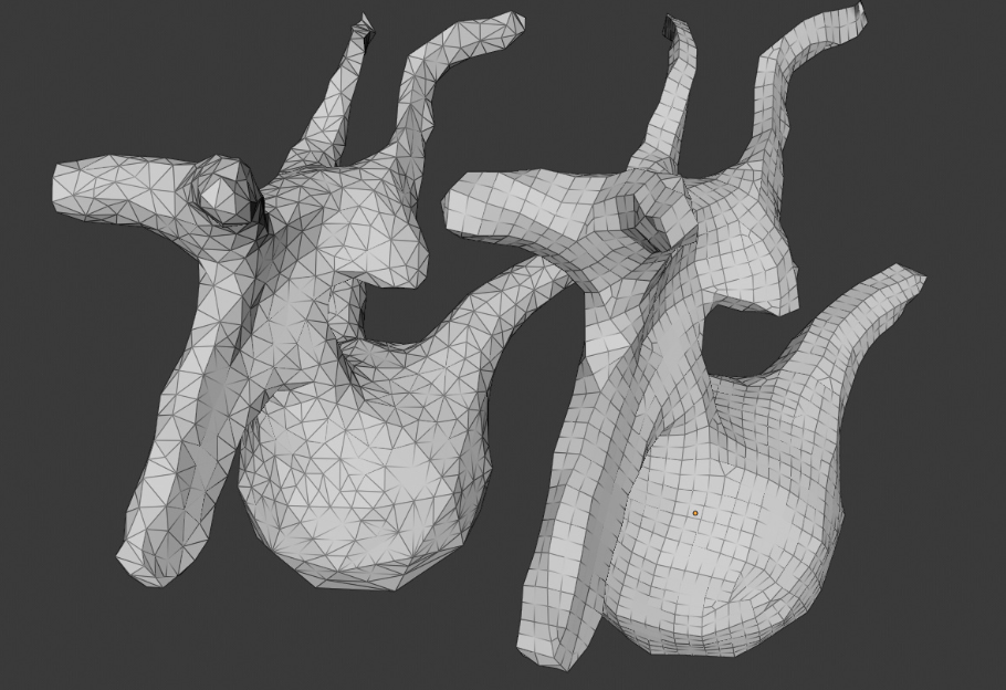 Instant Meshes interface displaying triangle-to-quad retopology on an organic 3D model