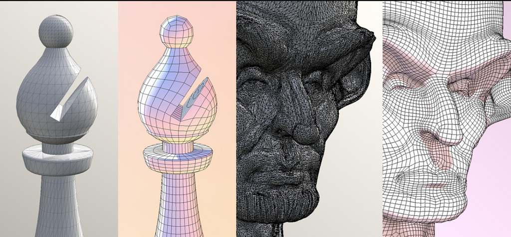Quad Remesher showing dense wireframes converted to clean quad mesh on a chess piece and face sculpt