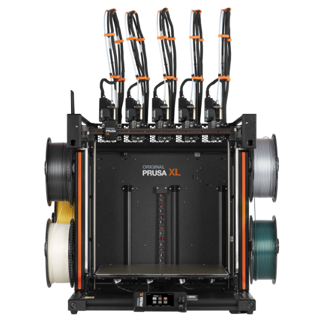 The Prusa XL 3D printer showcasing its tool-changing system equipped with five separate toolheads.