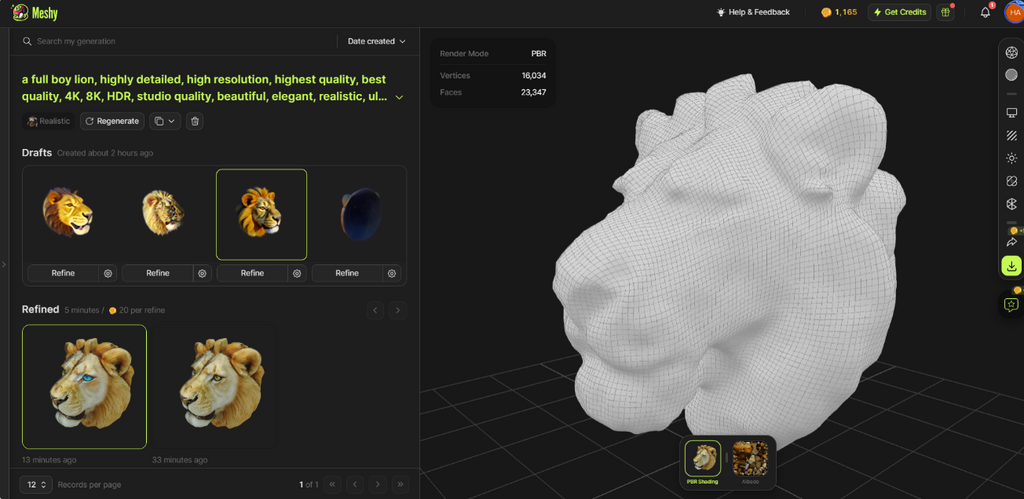 Meshy AI text-to-3D generation interface displaying a highly detailed 3D lion head model.