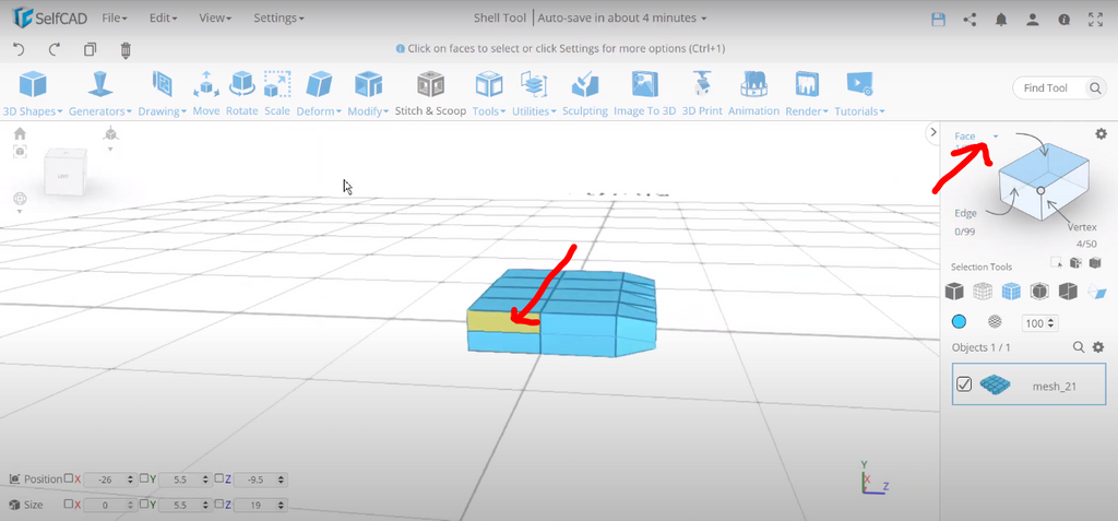 Face selection in SelfCAD