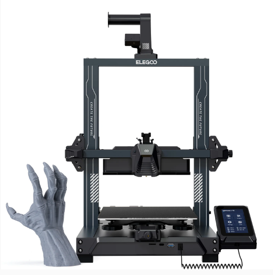 Elegoo Neptune 4 Pro FDM 3D printer demonstrating 500mm/s max speed and all-metal dual-gear direct extruder