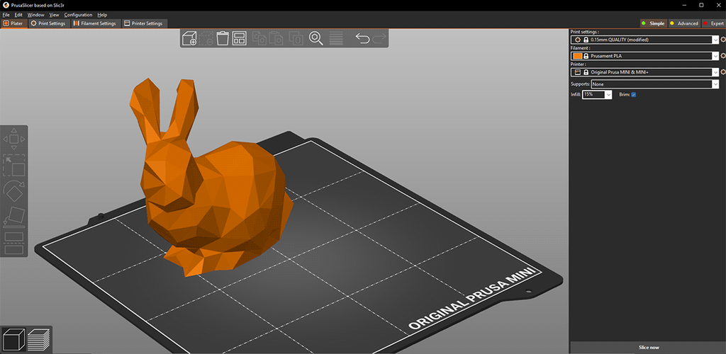 PrusaSlicer interface displaying a low-poly orange bunny model on a print bed