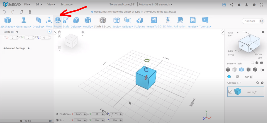 Option to rotate an object in SelfCAD