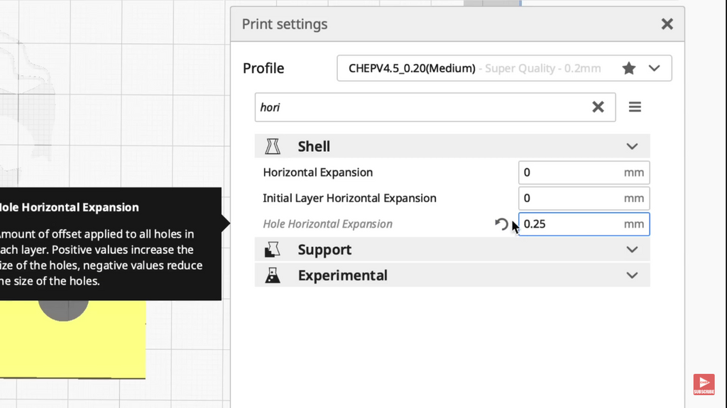 Close-up of the Cura Print Settings panel under the Shell category, highlighting the 'Hole Horizontal Expansion' field set to a value of 0.25 mm.