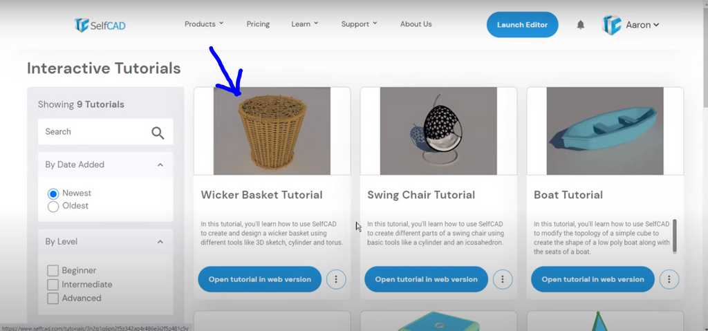 Interactive tutorial of SelfCAD