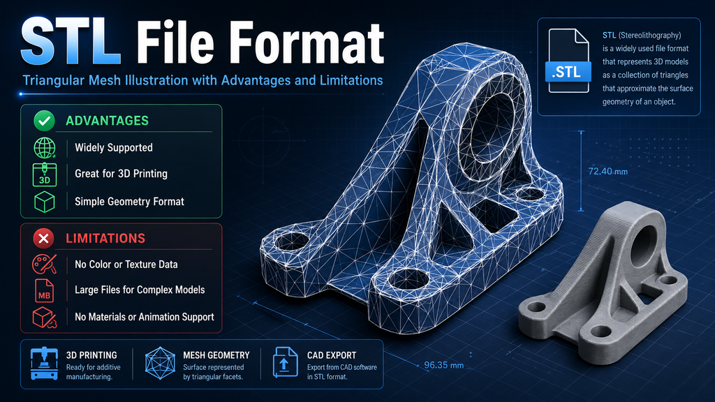 An infographic detailing the STL file format, illustrating its triangular mesh structure, advantages, and limitations for 3D printing.