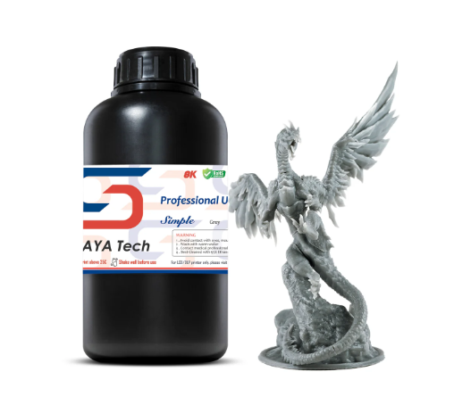 A black bottle of Siraya Tech Simple water-washable resin displayed next to a 3D-printed grey dragon.