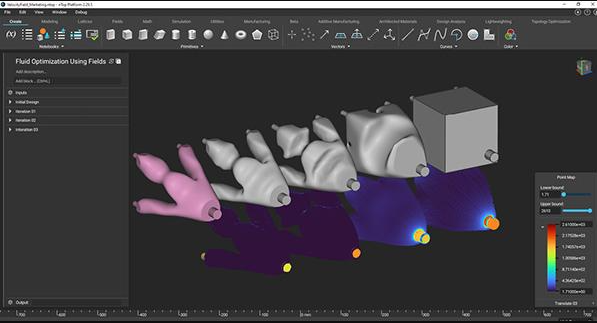 nTopology computational design interface displaying fluid flow optimization iterations on an internal manifold