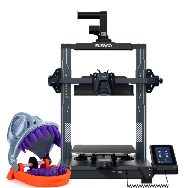 Elegoo Neptune 4 3D printer displayed next to a purple and orange 3D-printed monster jaw toy.  